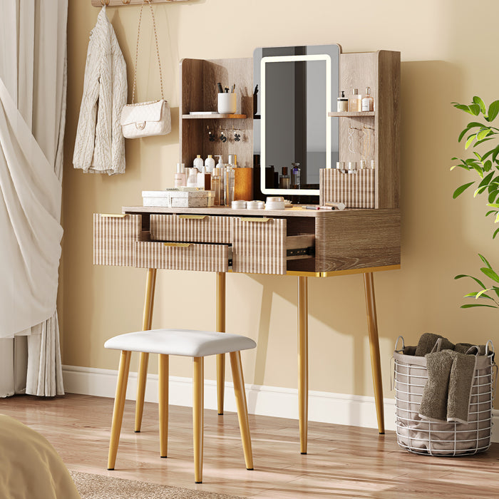 Isabella Ensemble de coiffeuse 4 tiroirs avec miroir LED et pieds en metal, Brun Jaune