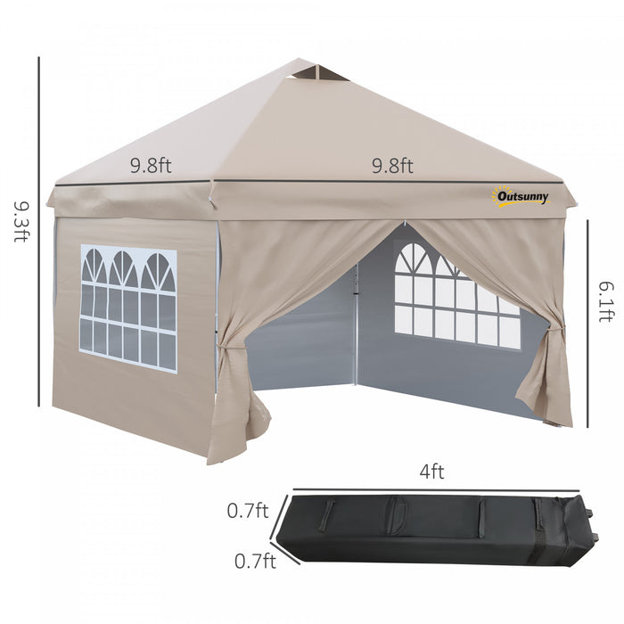 Outsunny Tonnelle Barnum Tente D'auvent Pop Up 10' X 10', Tente D'abri Instantanee Avec Parois Laterales, Fenetres, Sac A Roulettes Pour Jardin, Terrasse, Beige
