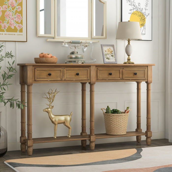 Table Console Phyllis En Bois Massif Avec Tiroirs Et Etagere Inferieure - Pin Ancien