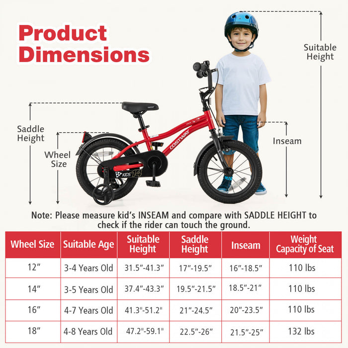 Velo Costway 14\" Pour Enfants Pour Garcons Et Filles De 3 A 5 Ans Avec Reflecteurs De Frein A Main Reglables