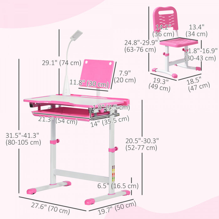 Qaba Ensemble Bureau Et Chaise Pour Enfant Bureau D'ecriture Reglable, Rose