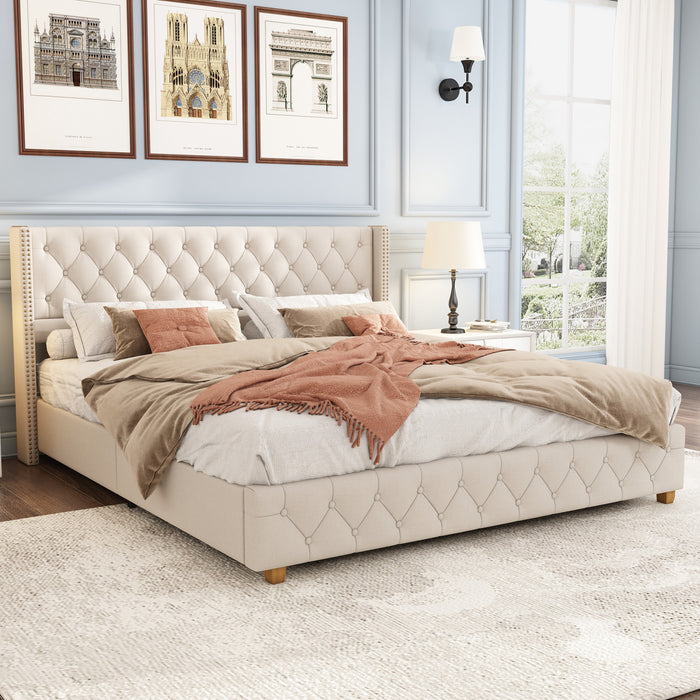 Lit plateforme en lin Haley avec tete de lit a ailes classiques et capitonnage en diamant, taille King, beige