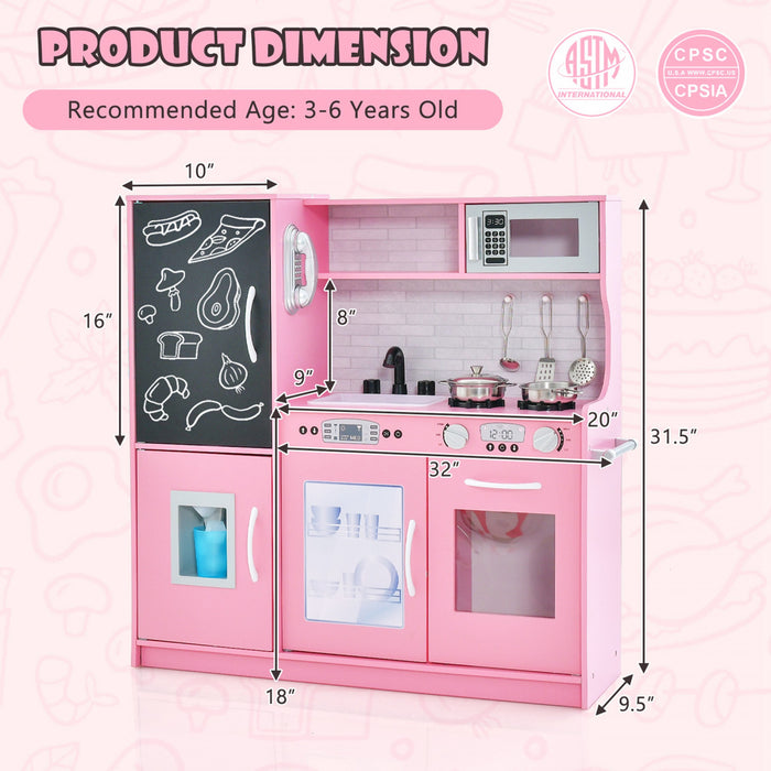 80x24x81cm Ensemble De Jouet De Cuisine Pour Enfant, Jeu De Role Avec Tableau Noir Et Six Compartiments De Rangement, Boutons Avec Effets Sonores, Pour Enfants De 3 A 6 Ans, Blanc/rose