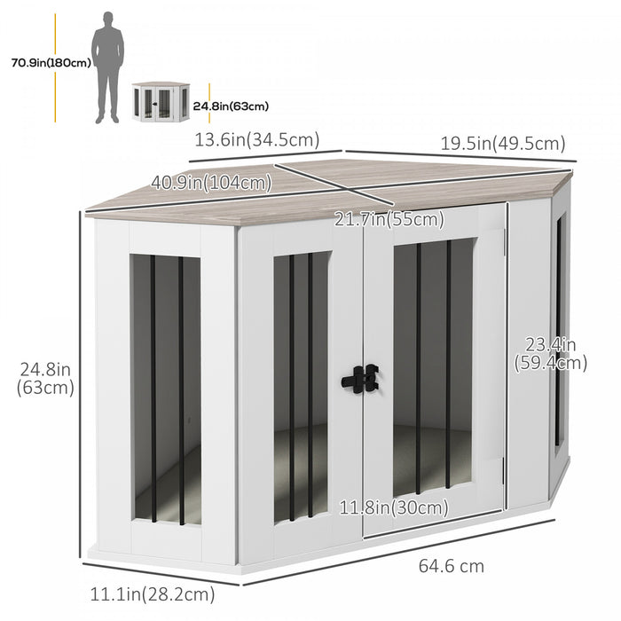 Pawhut Meuble De Cage Pour Chien, 41po Design D'angle, Porte, Serrure, Cage Pour Chien De Style Mobilier D'interieur Pour Chiens De Taille Moyenne, Blanc