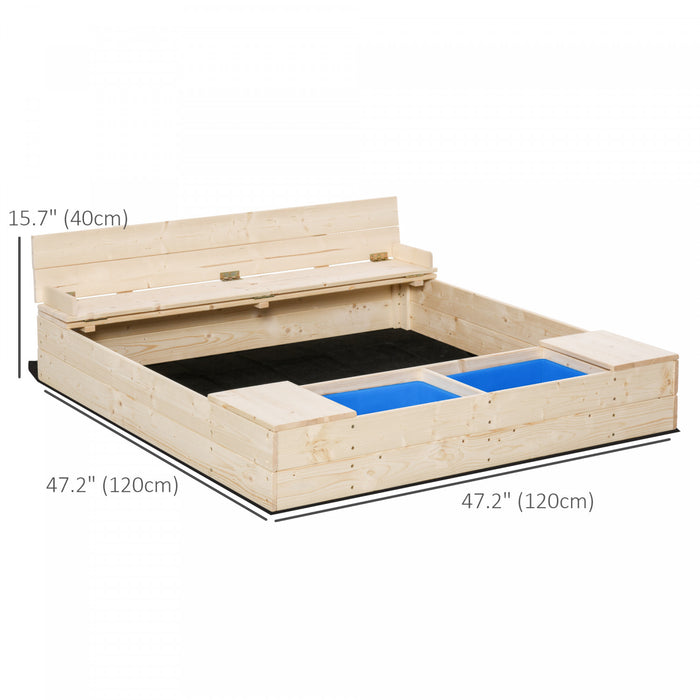 Outsunny Bac a sable pour enfants avec couvercle, bac a sable en bois avec banquette pliable, 2 boites en plastique, doublure inferieure, espace de rangement, jardin