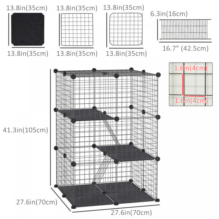 Pawhut Parc Pour Animaux Domestiques Enclos Modulaire 3 Niveaux Pour Lapins Chinchillas Avec Connexion Tapis Antiderapant 2 Rampes 39 Panneaux Metalliques Noir