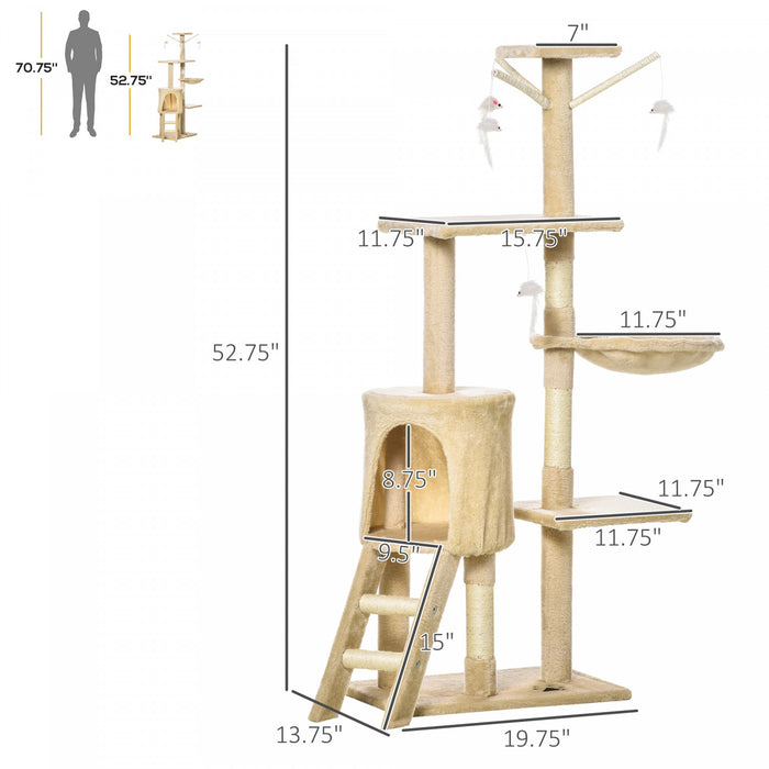 Pawhut Arbre A Chat Multi-niveaux 132 Cm Kitten Playhouse Kitty Centre D'activites Poteau A Gratter Repos Pour Condo Avec Hamac Beige