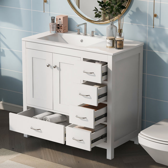 Andrew Meuble-lavabo En Bois Massif 36\" Avec Vasque En Ceramique Et Armoire De Rangement - Blanc