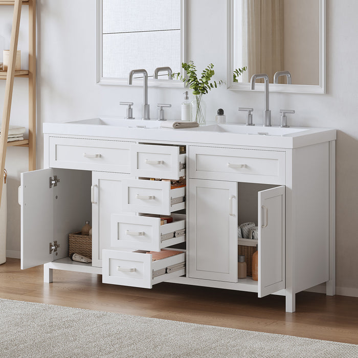 Dune Meuble-Lavabo Double 59 po avec Vasques en Resine et 4 Tiroirs, Blanc