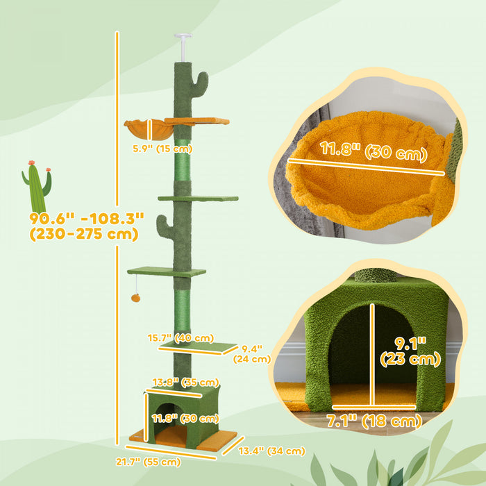 Pawhut Arbre A Chat Du Sol Au Plafond, Tour Pour Chat Avec Hauteur Reglable De 90,5\" A 108\", Centre D'activite A 5 Niveaux Avec Griffoirs, Balle Jouet Pour Chats D'interieur, Vert