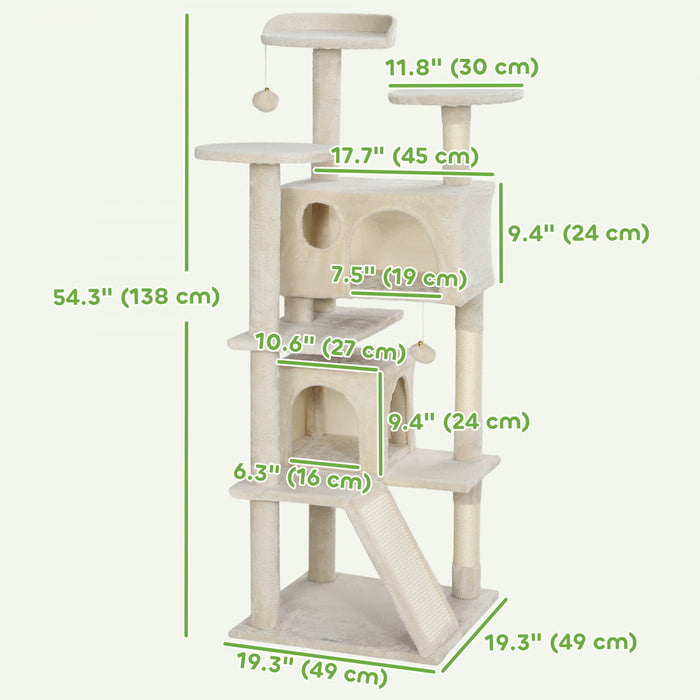 Pawhut Arbre A Chat De 54\" Tour A Chat Pour Chats D'interieur Avec Griffoirs, Condos Pour Chats, Lit, Plates-formes, Rampe, Balle Jouet, Centre D'activites Pour Chat, Beige