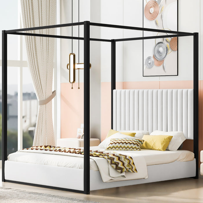 Lit plateforme Sophia a baldaquin avec tete de lit en mousse et velours, taille queen, noir