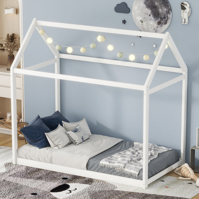 Lit De Maison En Bois Massif Au Design Facile A Nettoyer Avec Cadre De Toit, Taille Simple, Blanc