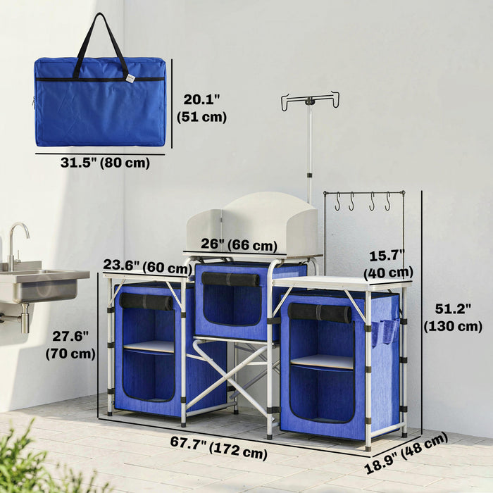Outsunny Cuisine de camping pliante avec armoires en tissu pare-brise, bleu
