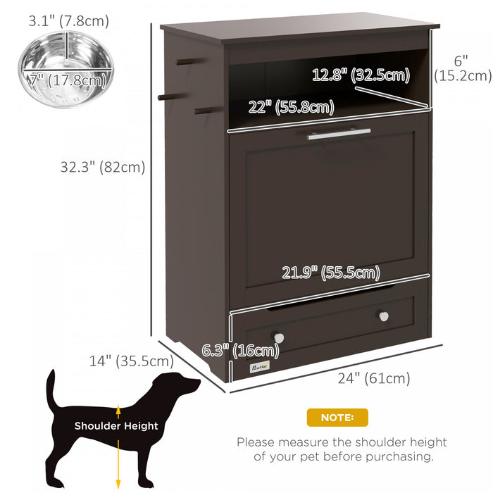 Pawhut Station D'alimentation Pour Animaux De Compagnie, Armoire De Stockage De Nourriture Pour Chiens Avec Gamelles Surelevees Et Cintre Pour Les Aliments Et L'abreuvement, Marron