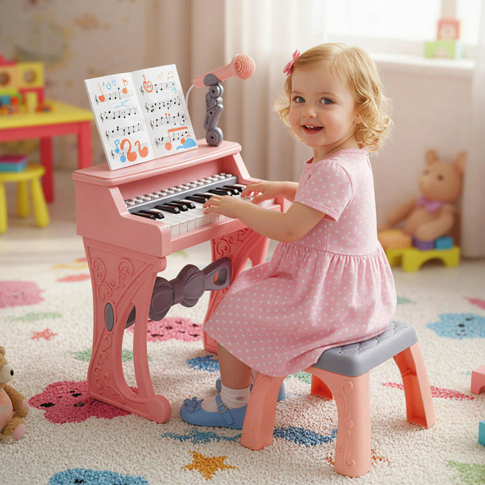 Costway Mini Clavier Piano pour Enfants 25 Touches, Hauteur 17,5 po, Piano Electrique avec Tabouret, Pupitre et Microphone