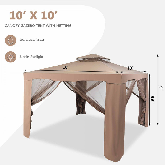 Tonnelle Pavillon De Jardin En Fer Et Polyester, Tente De Reception Avec Moustiquaire Et Toiles Laterales Amovibles Et Impermeables, Tente De Jardin A 4 Cotes 300 X 300 X 200/265 Cm, Beige&brun