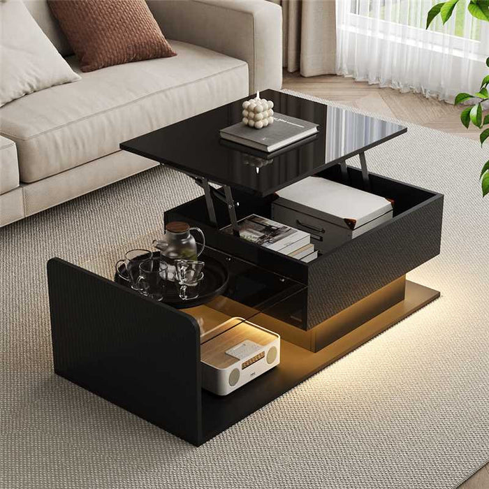 Table Basse Moderne Jonson A Plateau Relevable Avec Eclairage Led, Noir Laque Brillant