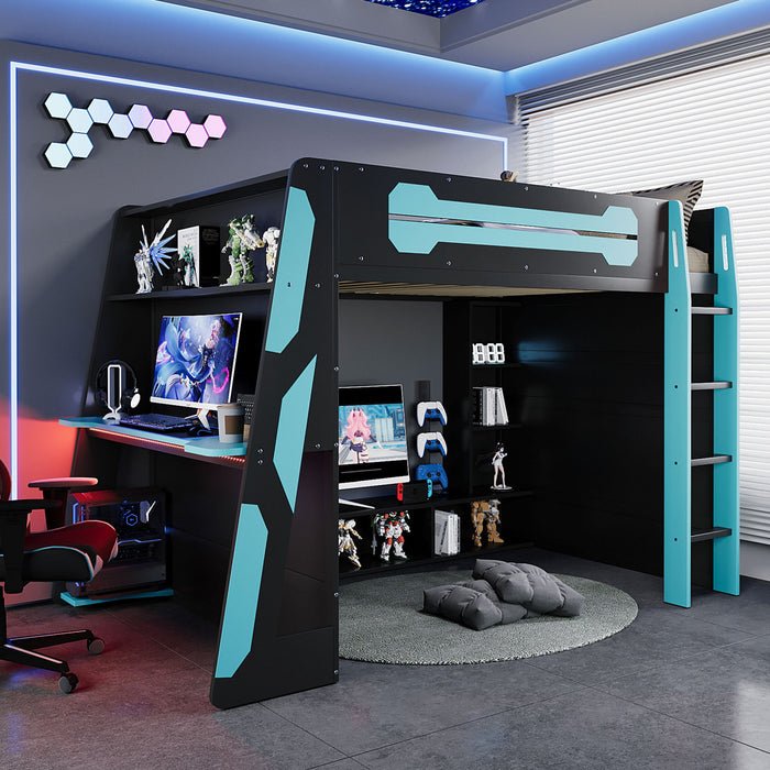 Olivia Lit mezzanine en bois avec bureau et etageres de rangement multiples, Lumiere RGB, Bleu