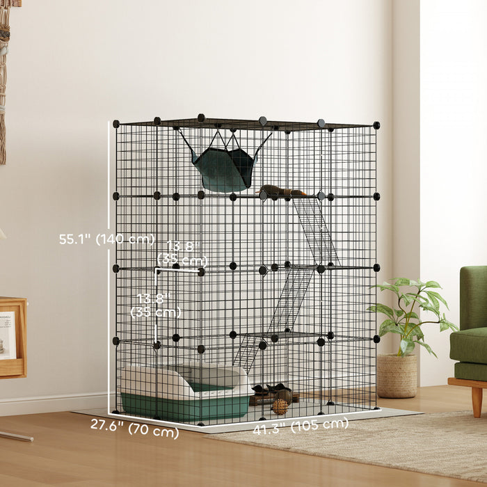 Pawhut Grande Cage Pour Chat A 4 Niveaux, Parc Pour Animaux De Compagnie Avec Hamac, Plates-formes, Rampes, Lieu D'exercice Pour 1 A 3 Chats, Utilisation En Interieur, Noir