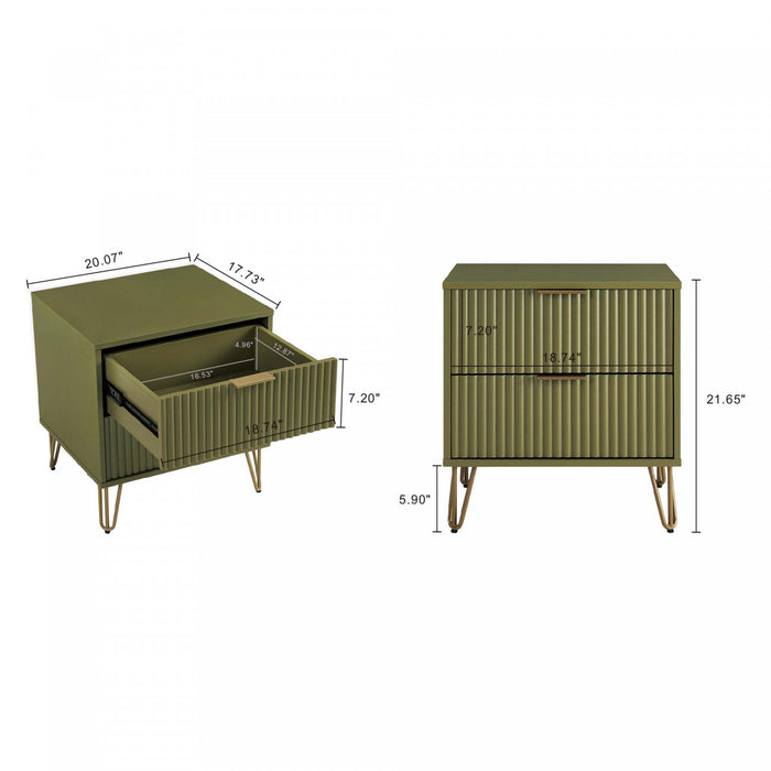 Table de nuit moderne Dumbo 20\" a cannelures, vert olive (2 tiroirs) – Lot de 2