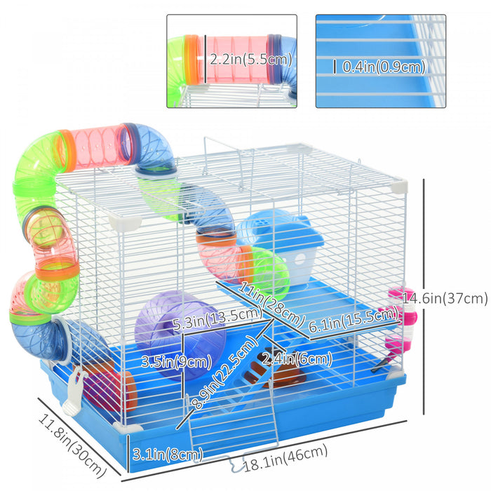 Pawhut Grande Cage Pour Hamster De 45.7 Cm, Maison Pour Petits Animaux, Refuge Pour Gerbilles A 2 Niveaux Avec Systeme De Tube Tunnel, Roue D'exercice, Bouteille D'eau, Plat De Nourriture, Rampe, Bleu