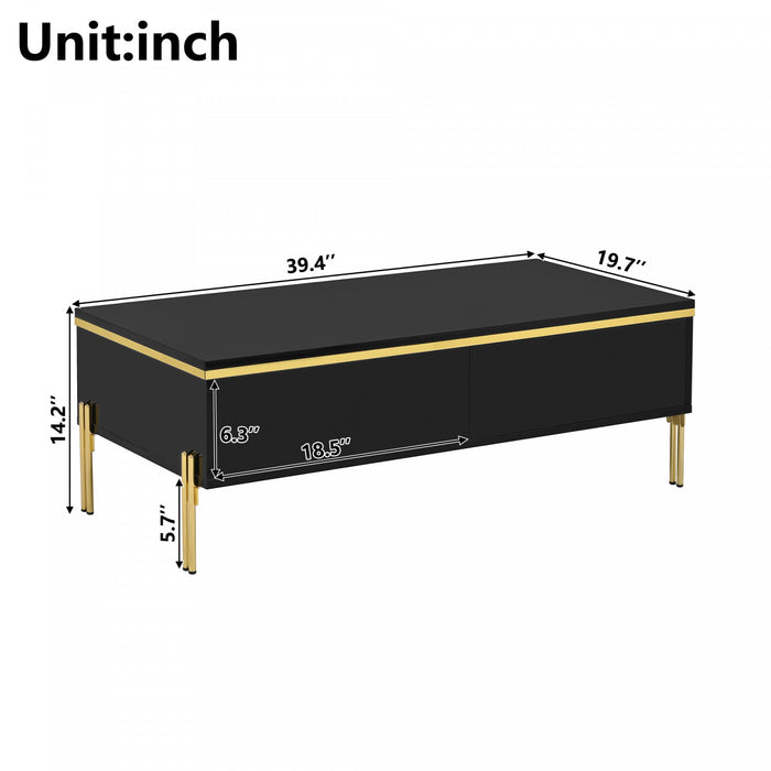Lustra Table Basse Moderne Haute Brillance 39.4 po avec Double Tiroirs et Accents Dores, Noir