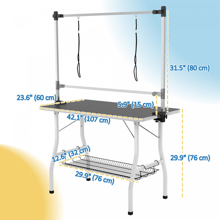 Pawhut Table De Toilettage Pliable Pour Chien, Table De Toilettage Pour Animaux De Compagnie Avec Bras De Toilettage Reglables, Etagere De Rangement,, 42\" X 24\" X 30\", Noir