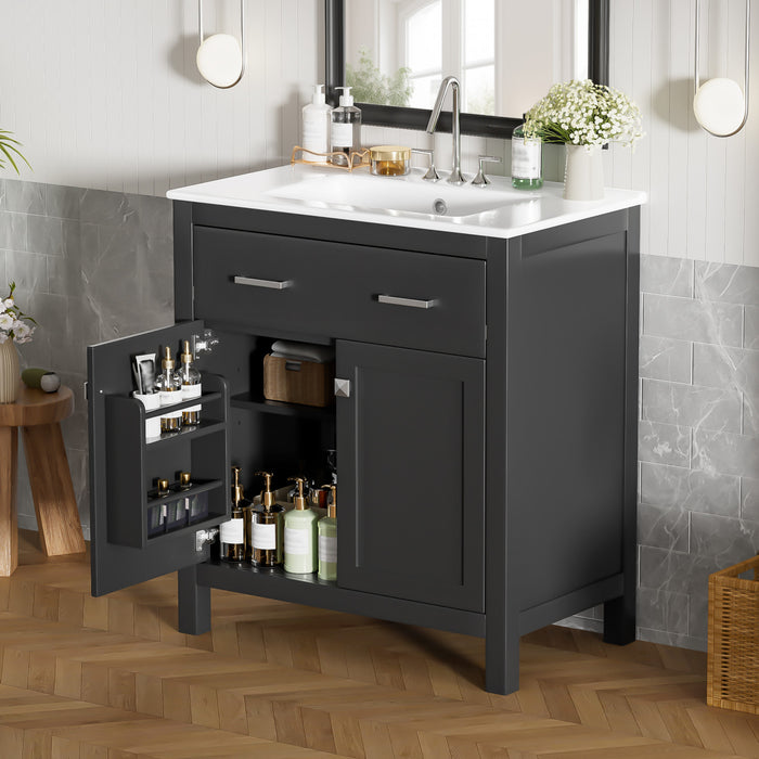 Meuble de salle de bain moderne Baker 30 pouces avec lavabo ceramique et rangement, noir