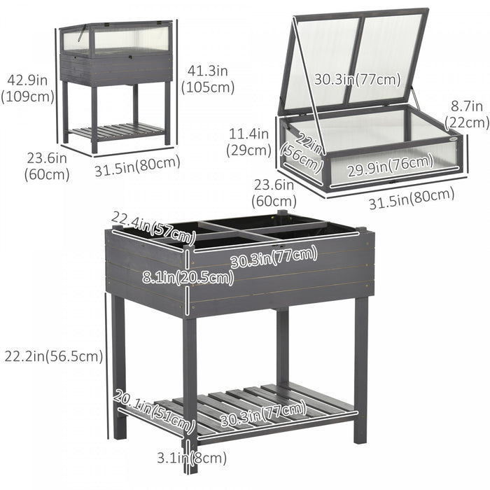 Outsunny Jardiniere Surelevee Avec Serre De Jardin En Panneau Polycarbonate Jardiniere Sur Pieds Avec Etagere De Rangement Exterieur Jardin Patio Balcon Toit Ouvrable Bois De Sapin Gris
