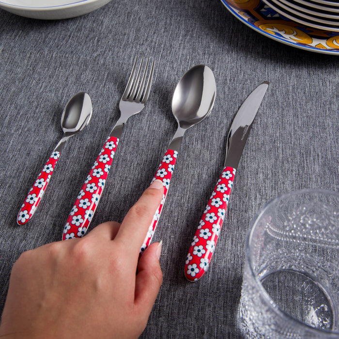 Ensemble De Couverts 24 Pieces En Acier Inoxydable Italien Arimi Nilu Decor - Service Pour 6 Personnes - Manche Rouge Fleur
