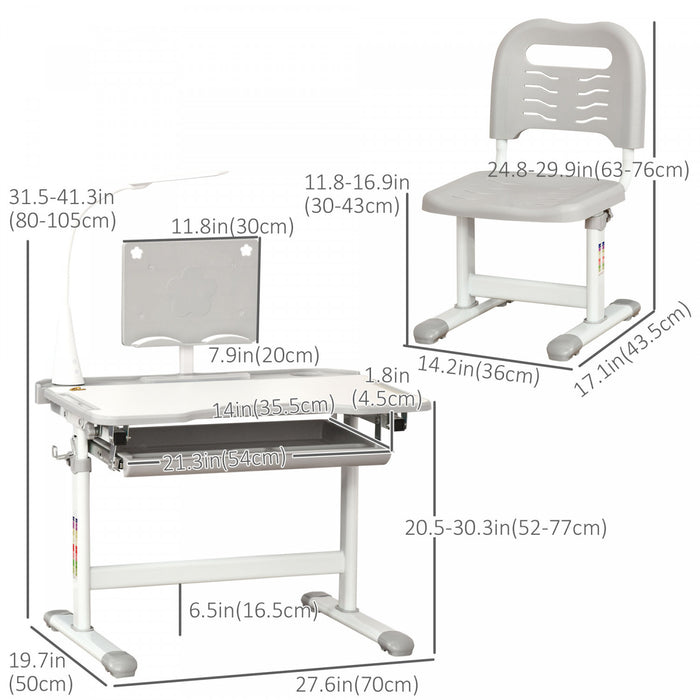 Qaba Ensemble Bureau Et Chaise Pour Enfants, Bureau D'ecriture Reglable En Hauteur, Table D'etude Avec Bureau Inclinable, Lampe Led, Tiroir, Tableau De Lecture, Porte-gobelet, Gris