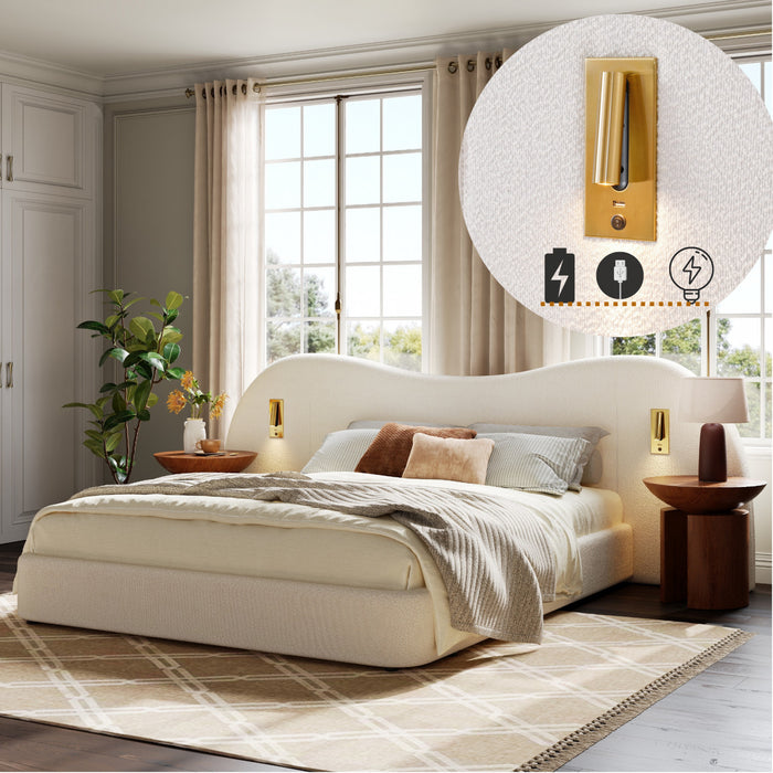 Lit Garcia en boucle avec tete de lit en forme de nuage, lumieres de lecture integrees et ports USB, taille king, blanc