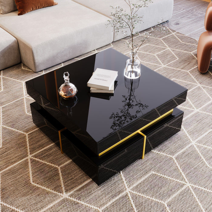 Ava Table Basse a Fini Haute Brillance avec Tiroirs de Rangement et Accents Dores, Noir