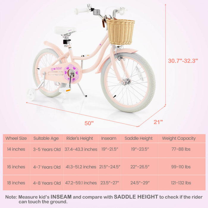 Costway 18\" Velo Enfant Avec Roues D'entrainement Reglable Guidon Siege Frein A Main Rose