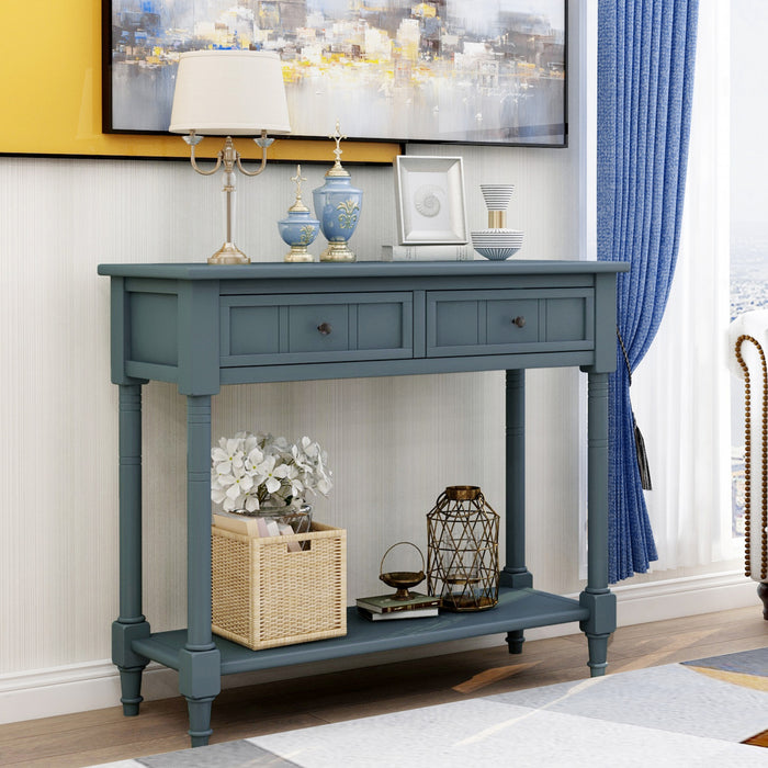 Table Console Traditionnelle Jeremy En Bois Massif Avec Tiroirs Et Etagere - Bleu Marine