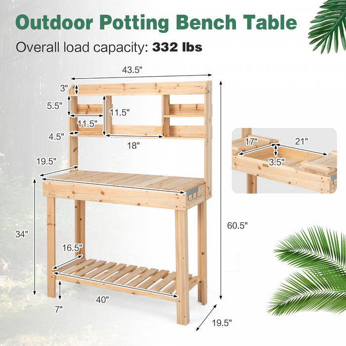 Table Pour Plante En Bois Avec Plateau Rabattable, Etageres Et 3 Crochets, Table De Rempotage Pour Serre / Jardin / Terrasse, Table De Jardinage, Capacite De Charge 150 Kg, 110x50x153cm