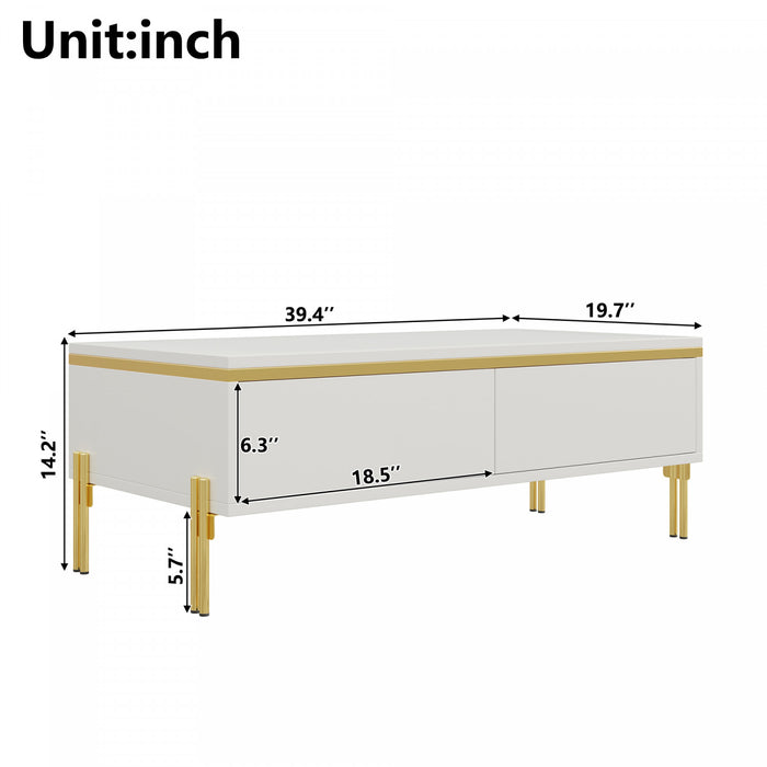 Lustra Table Basse Moderne Haute Brillance 39.4 po avec Double Tiroirs et Accents Dores, Blanc