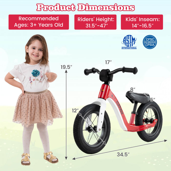 Costway 12 Pouces Magnesium Tout-petit Equilibre Velo Sans Pedale Formation Tout-petit Equilibre Velo Rouge