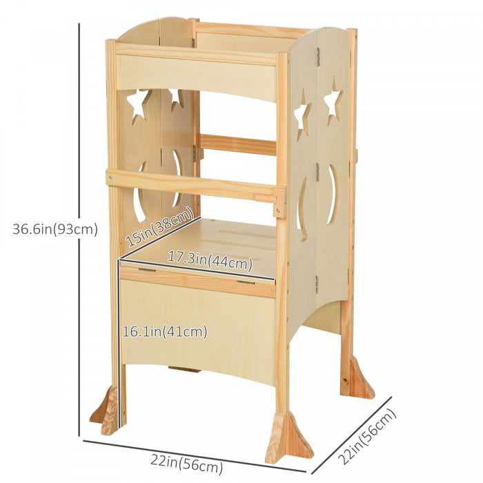 Qaba Tour D'apprentissage Pliable Tour D'observation Pour Enfants De 3 A 8 Ans Style Moderne Et Elegant Materiau En Mdf Solide Pour Cuisine Toilettes Salle A Manger Bois Naturel
