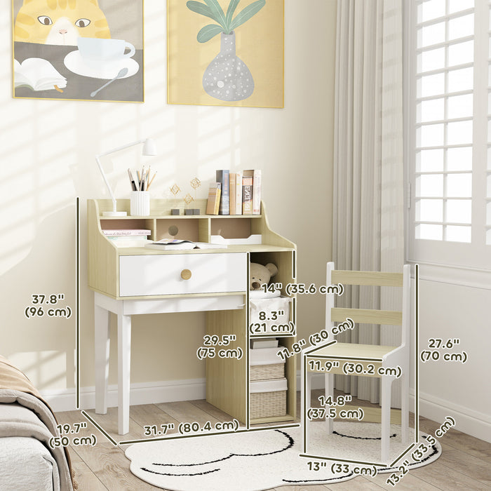 Qaba Ensemble Bureau Et Chaise Pour Enfants Avec Etageres Et Tiroir, Blanc