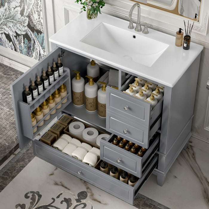 Fanny Meuble-lavabo de 36\" avec vasque en ceramique et charnieres a fermeture douce, Gris