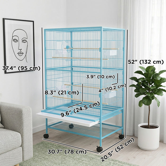 PawHut Grande Cage en Acier 132 cm pour Oiseaux, Bleu Clair