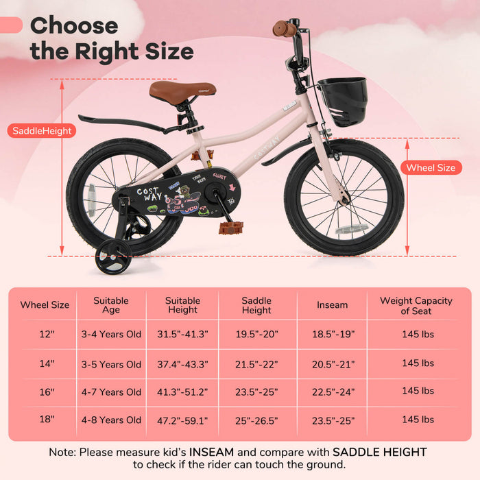 Costway 16\" Velo Pour Enfants Avec Roues D'entrainement Guidon Reglable Et Frein A Main De Siege Rose