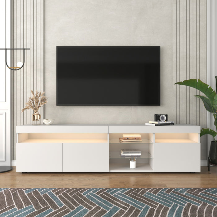 James 70.8\" Cabinet TV Moderne avec Eclairage LED USB et Facade Haute Brillance, Blanc