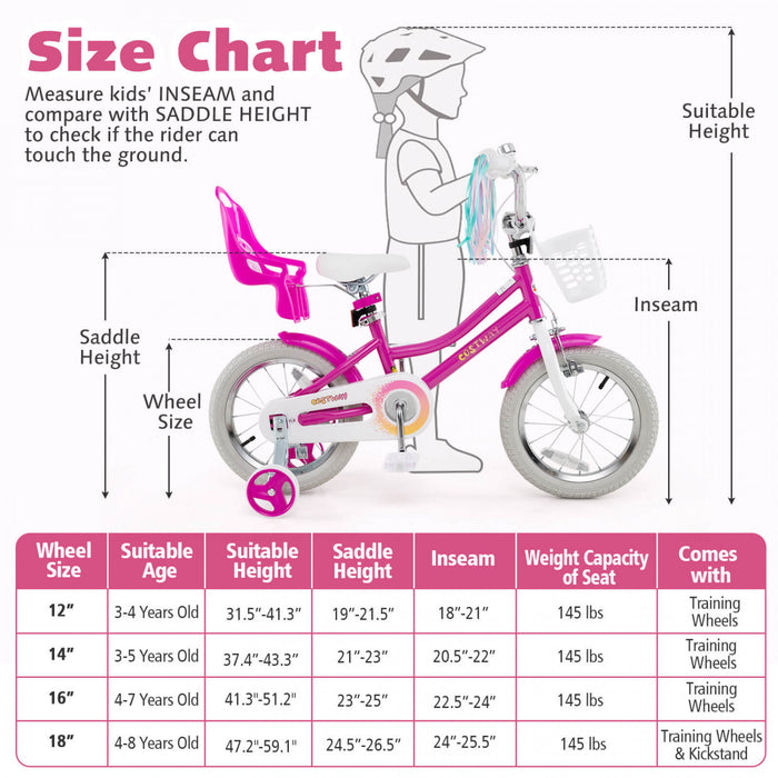 Costway 14\" Velo Pour Enfants Avec Roues D'entrainement Poupee Siege Panier Streamers Frein A Main Rose
