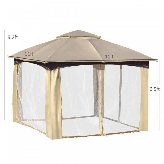 Outsunny 11' X 11' Abri De Tente De Fete En Acier Avec Toit Double, Parois Laterales En Filet, Rideaux D'angle, Beige