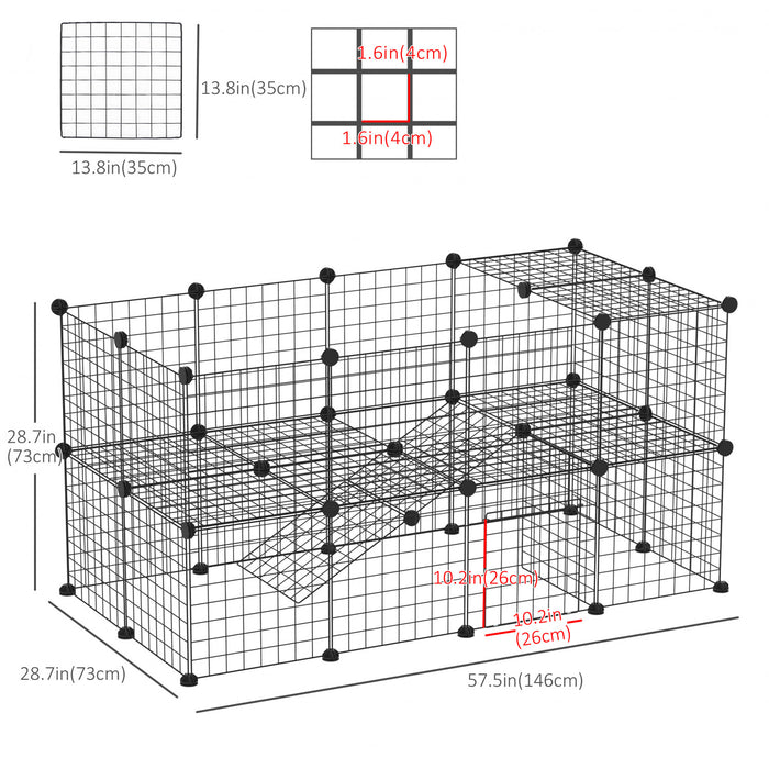 Cage Parc Enclos Pour Animaux Domestiques L 146 X L 73 X H 73 Cm Modulable 2 Niveaux 36 Panneaux Bords Arrondis Fil Metallique Noir