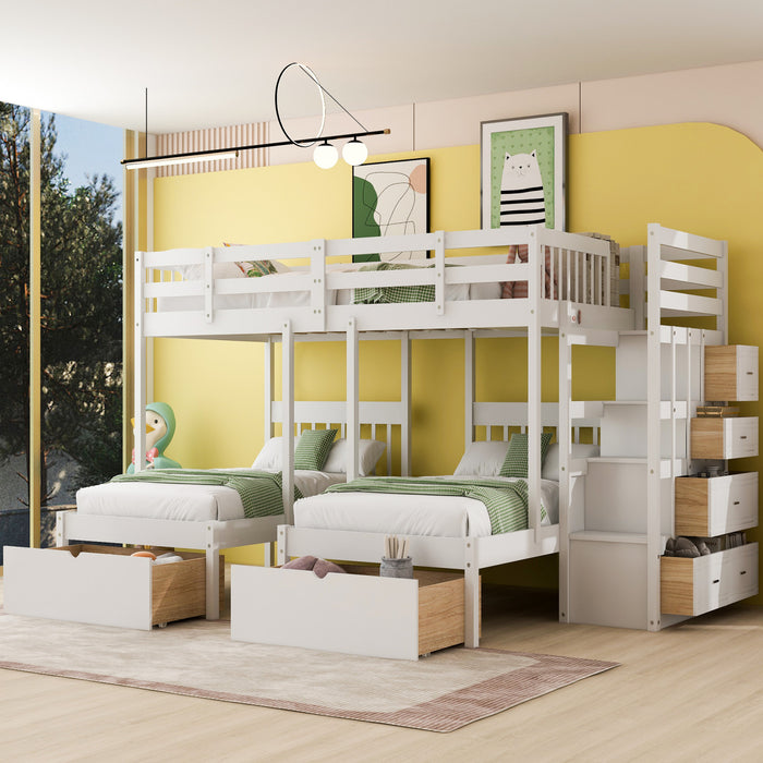 Lit Superpose Triple Simple Claire En Bois Massif Avec Tiroirs Et Barrieres De Securite - Blanc