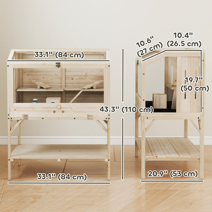 PawHut Cage a hamster en bois avec dessus ouvrant et panneaux transparents, naturel